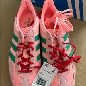 Adidas Pink and Green Sneakers with Red Accents